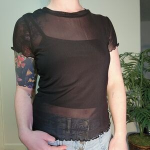 Sheer Black Lettuce-Trim Tshirt